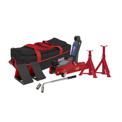 2 Tonne Low Entry Short Chassis Trolley Jack & Accessories Bag Combo - Red