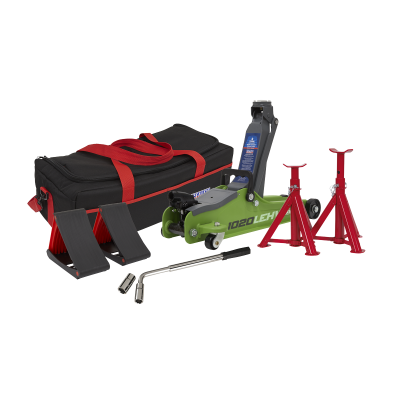 2 Tonne Low Entry Short Chassis Trolley Jack & Accessories Bag Combo - Hi-Vis Green